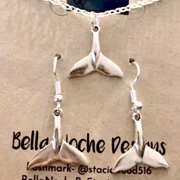 Set! Handmade silver dolphin fluke earrings $ necklace 18” chain - Picture 1 of 3